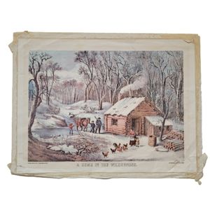Currier & Ives A Home In The Wilderness Vintage Lithograph Watercolor Art